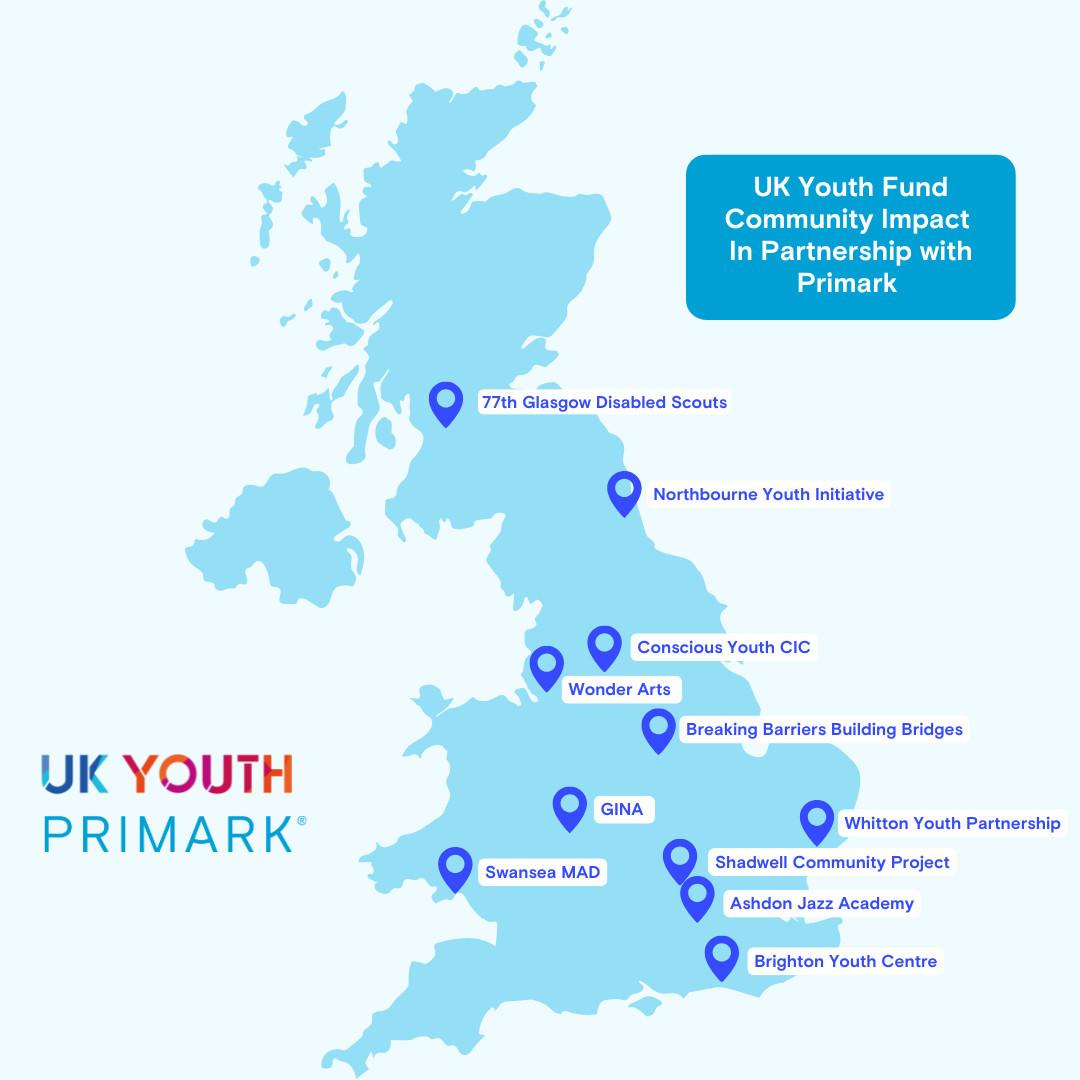 A map of the UK pinpointing our 11 successful grant recipients.