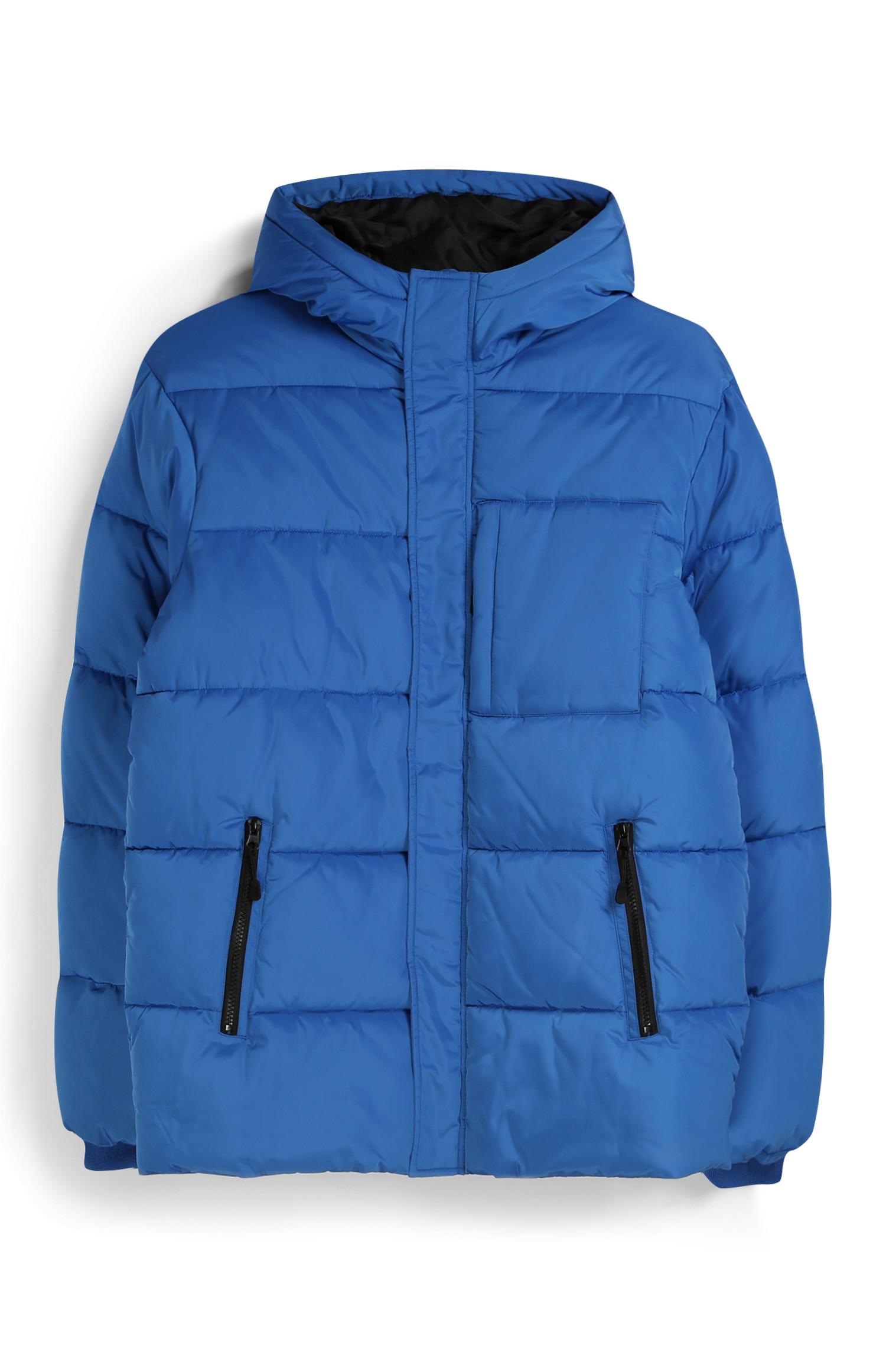 blue puffa coat