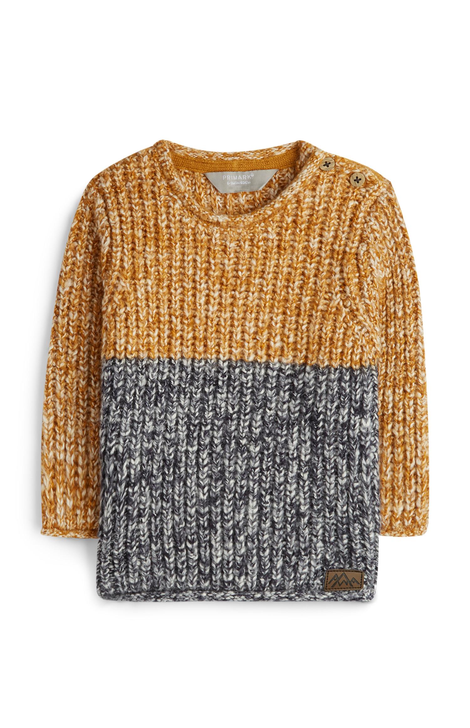 Baby Boy Mustard And Grey Chunky Knit Jumper Baby Boy