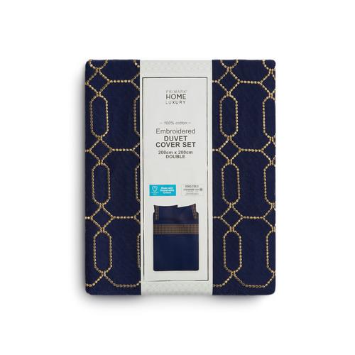 Sustainable Cotton Navy And Gold Embroidered Double Duvet Cover