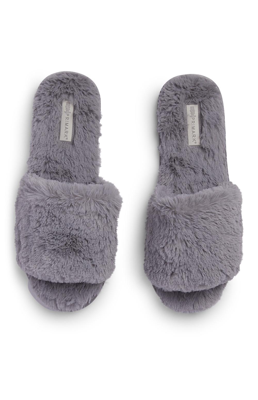 grey fluffy sliders primark