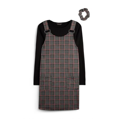 Vestido Gris A Cuadros Y Camiseta De Manga Larga Para Nina Mayor