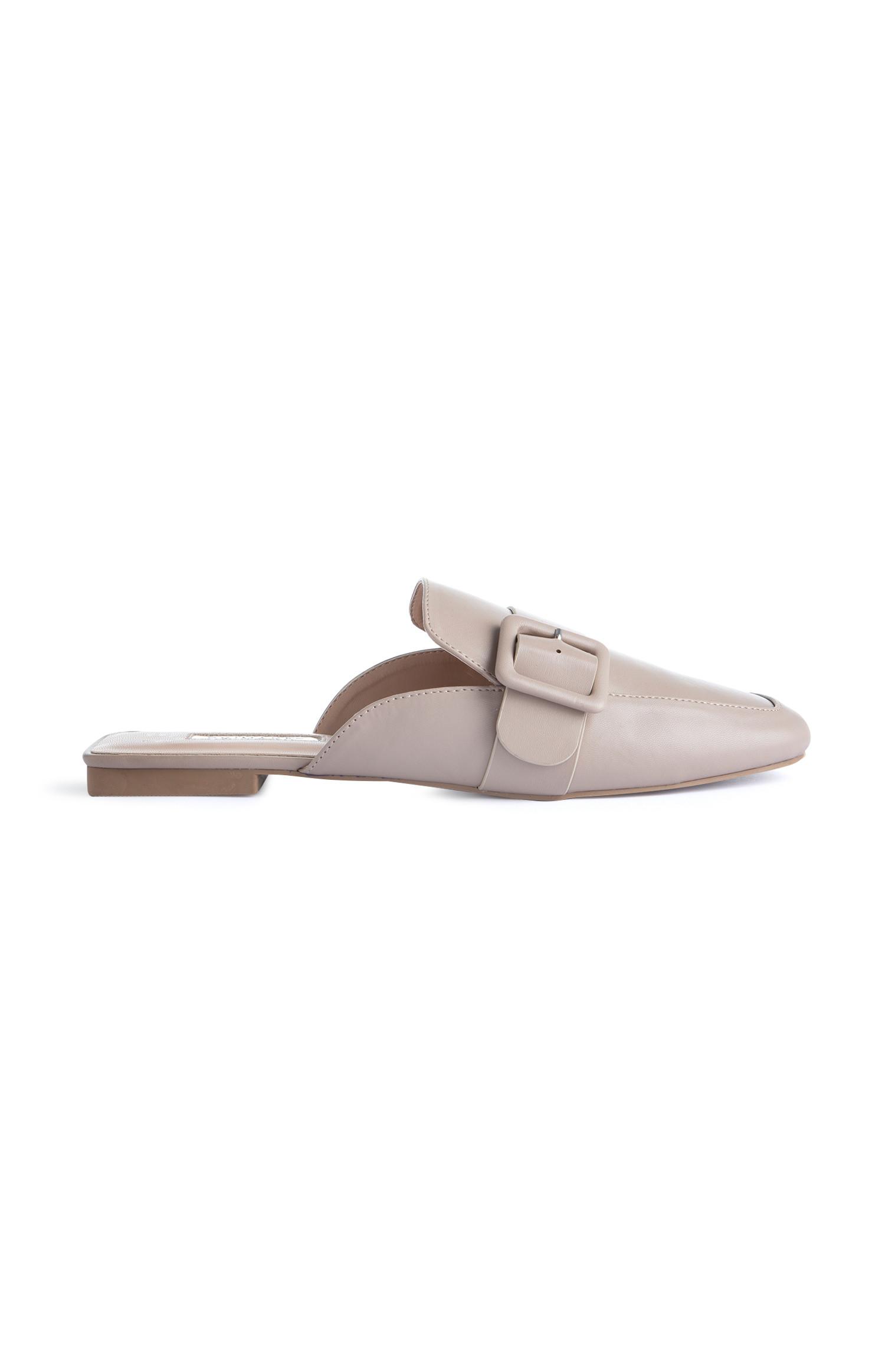 Cream Faux Leather Buckle Mules 