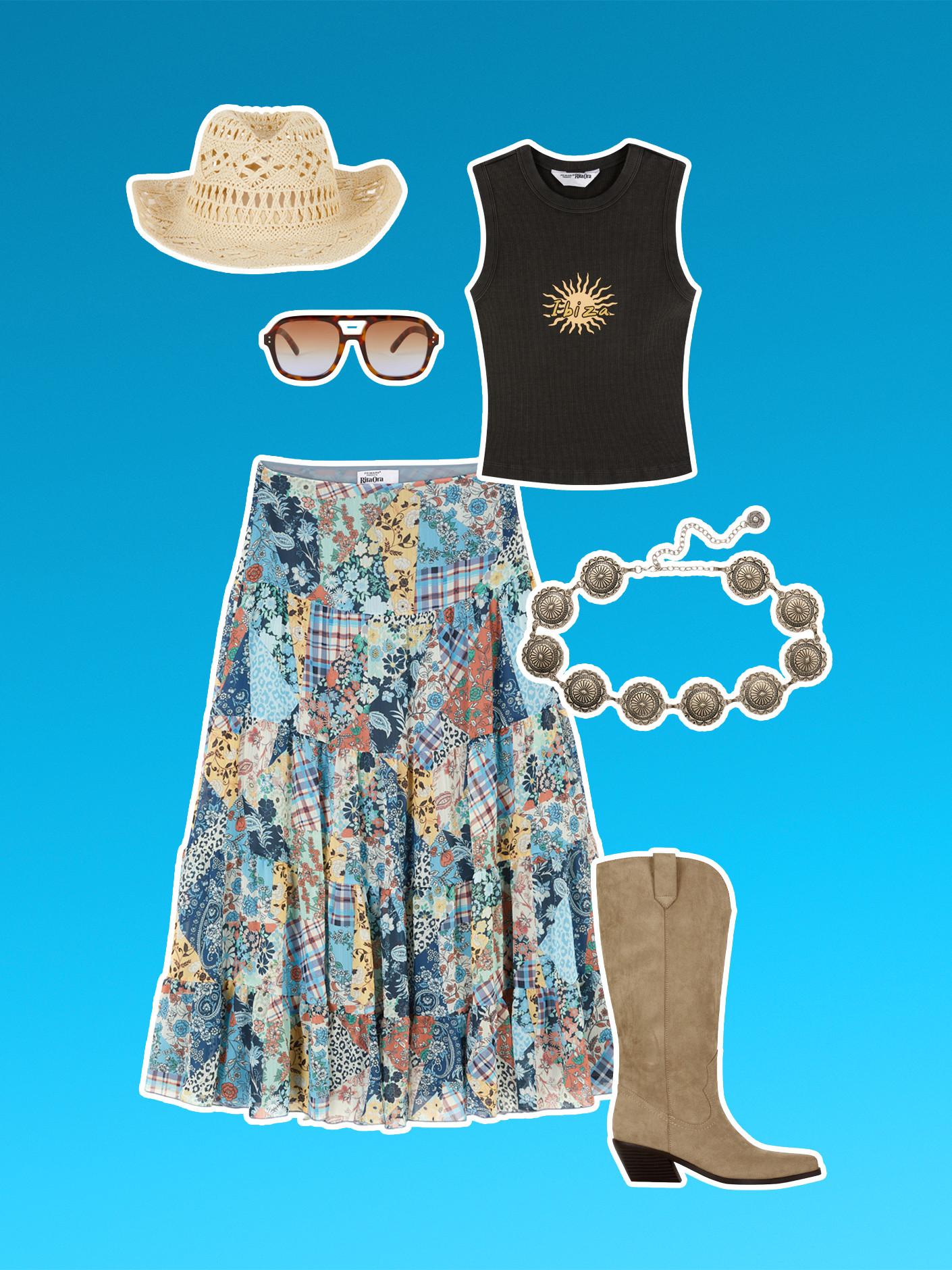 Completo estivo con cappello di paglia, occhiali da sole aviatore, canotta nera con sole, gonna patchwork floreale, bracciale vistoso e stivali beige.