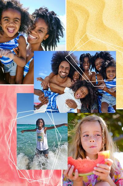 Collage van een gezin in zomerse zwem- en strandkleding