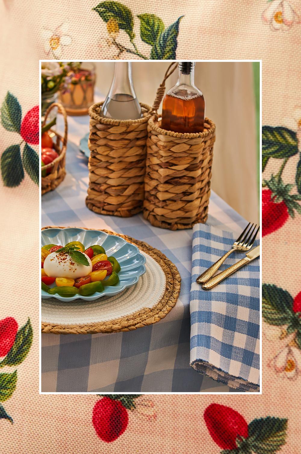 Table set up with blue gingham table cloth