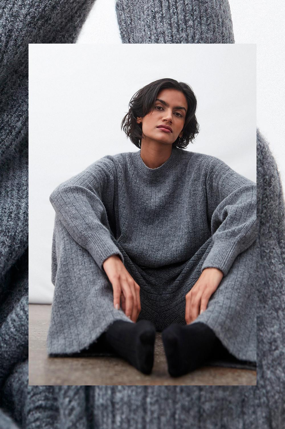 Model wears Grey Knitted Ribbed loungewear set