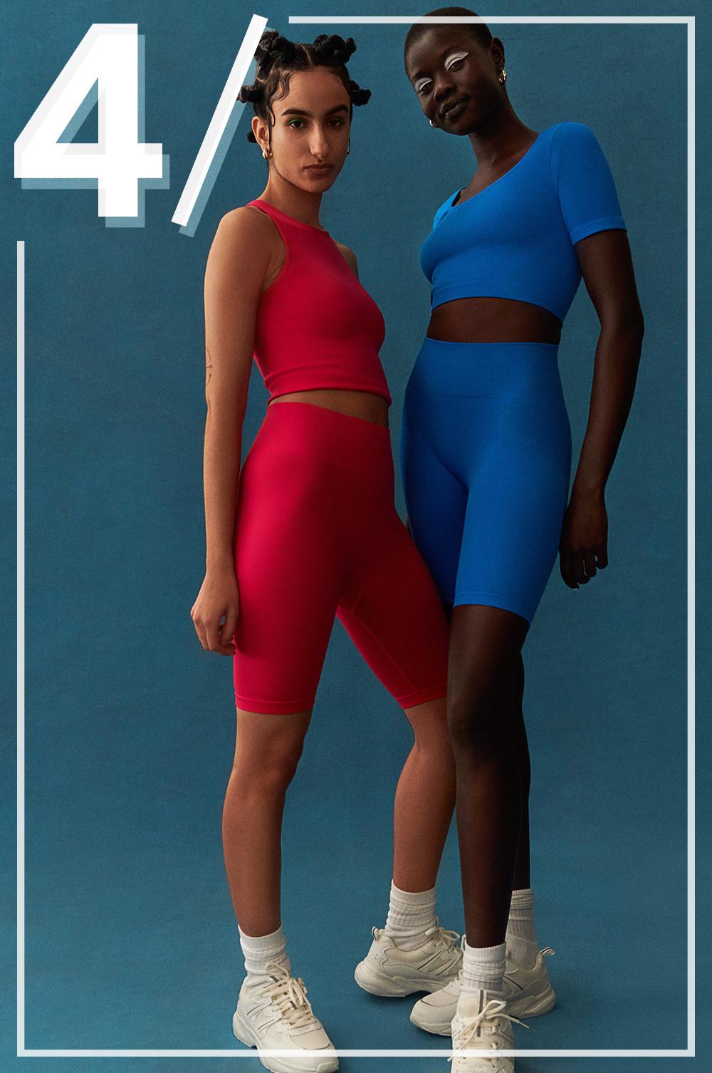 Models wearing seamless sets in red and blue