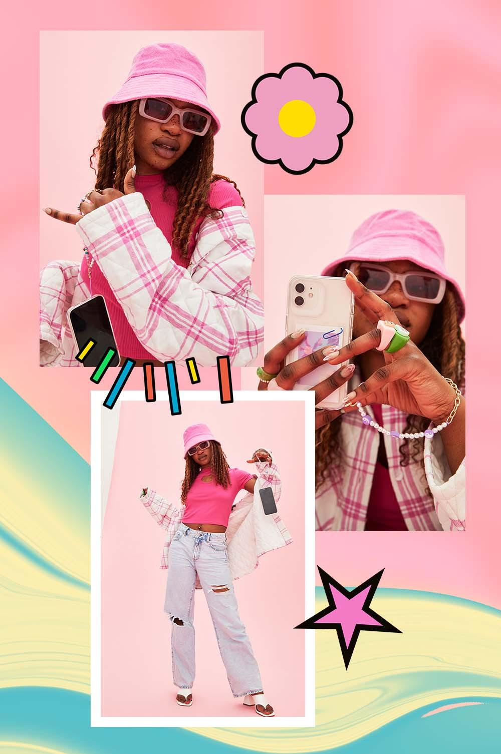 Model wears pink top, quilted pink shacket and bucket hat