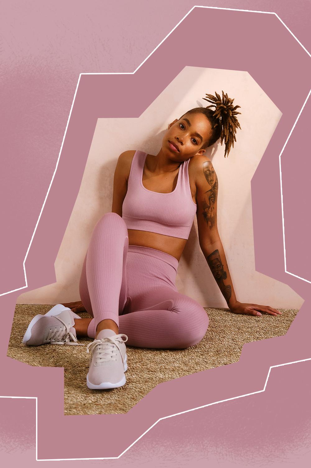 Model wears dusty pink activewear set