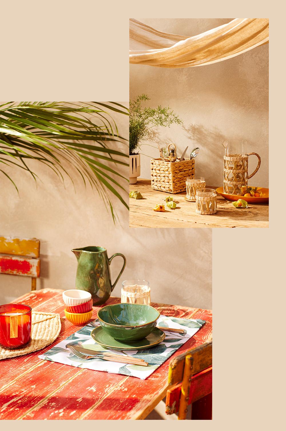 Table de jardin avec des bols verts effet verni, des assiettes et des carafes