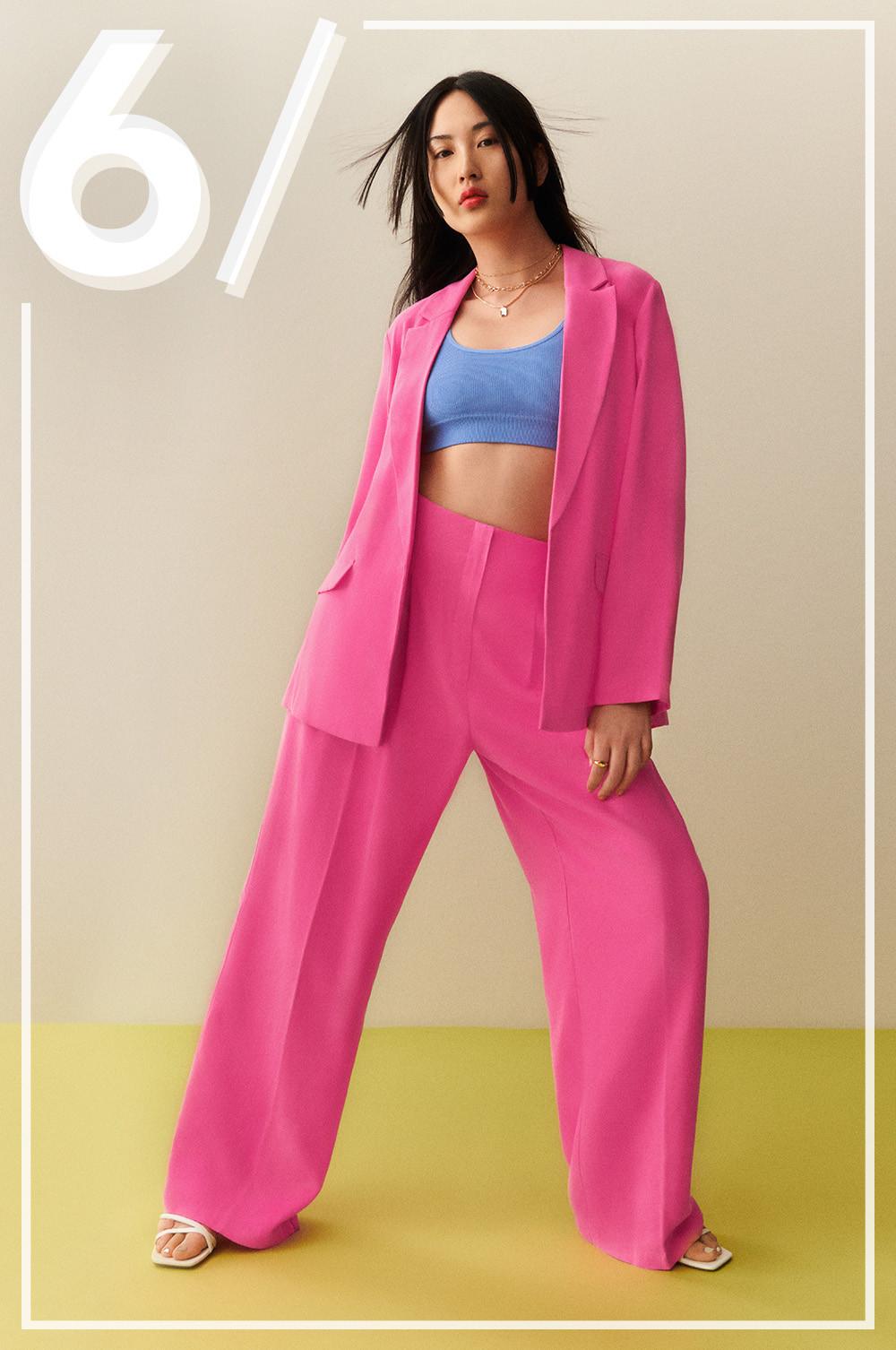 Model wearing pink suit