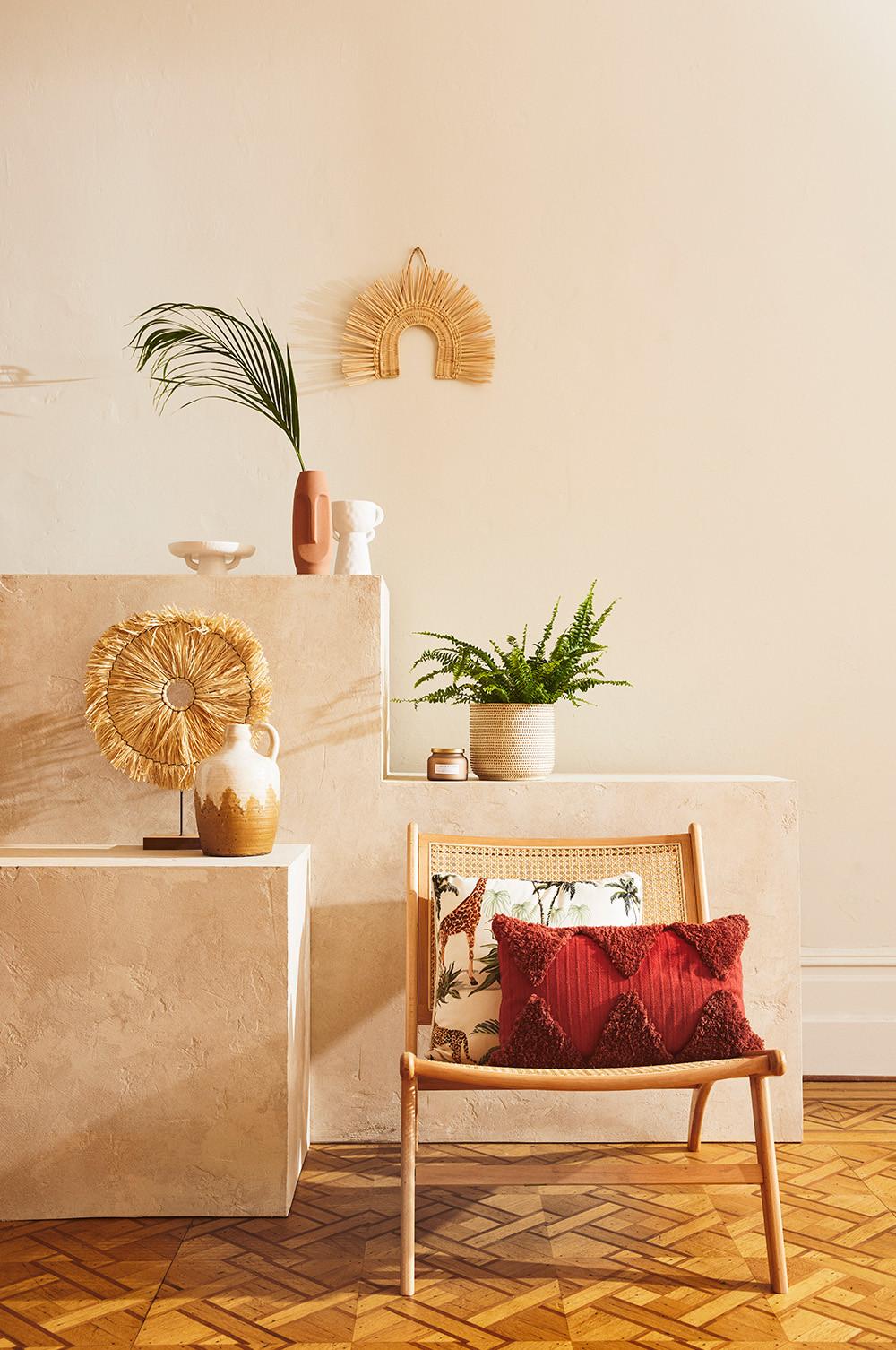 Shelves with rustic vases and plants, rattan chair with cushions