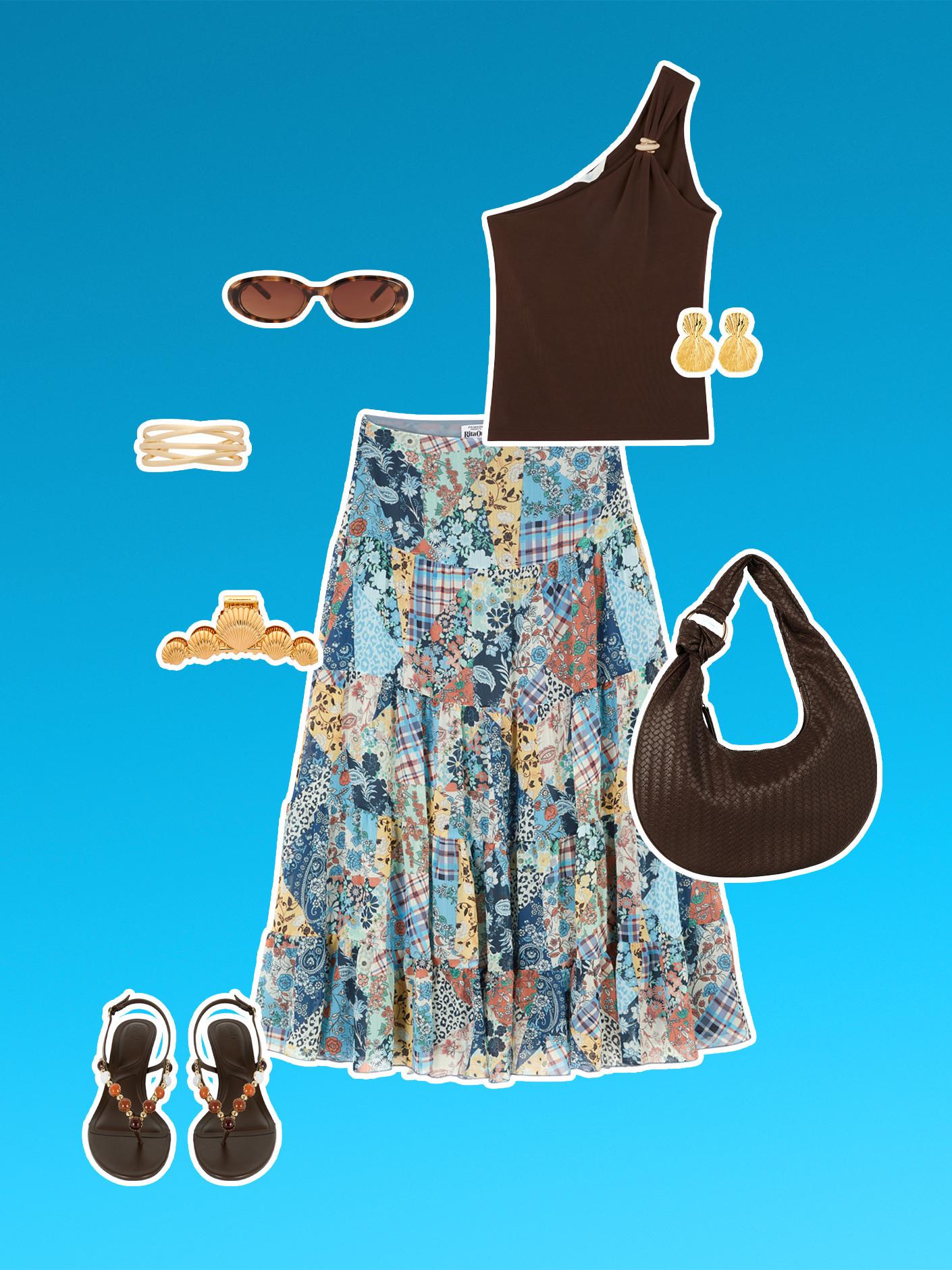 Completo estivo con top monospalla marrone, gonna patchwork floreale, borsa marrone, sandali con tacco marroni, occhiali da sole, accessori per capelli e orecchini color oro.