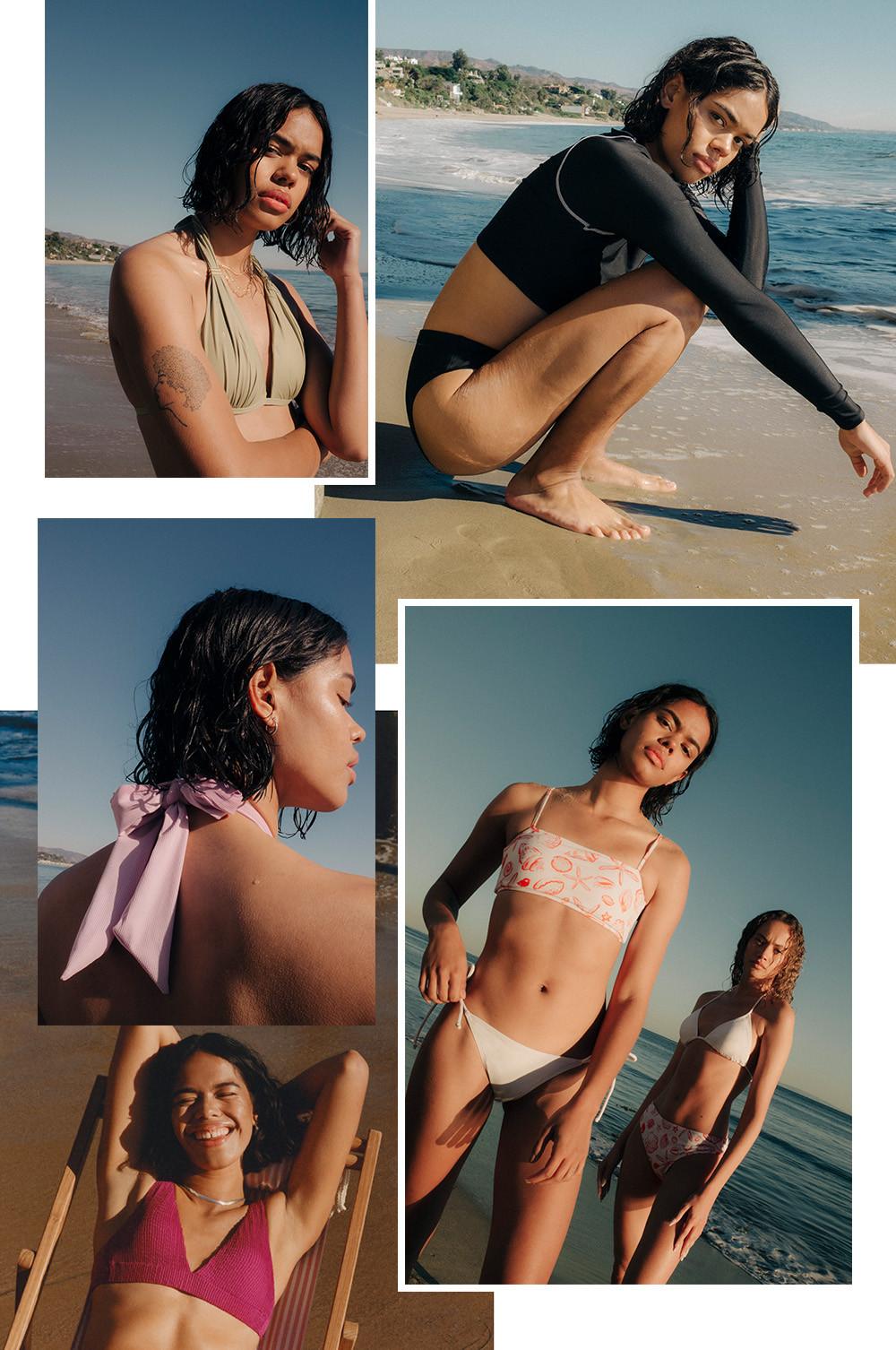 Collage de modelos con bikinis de diferentes estilos en la playa