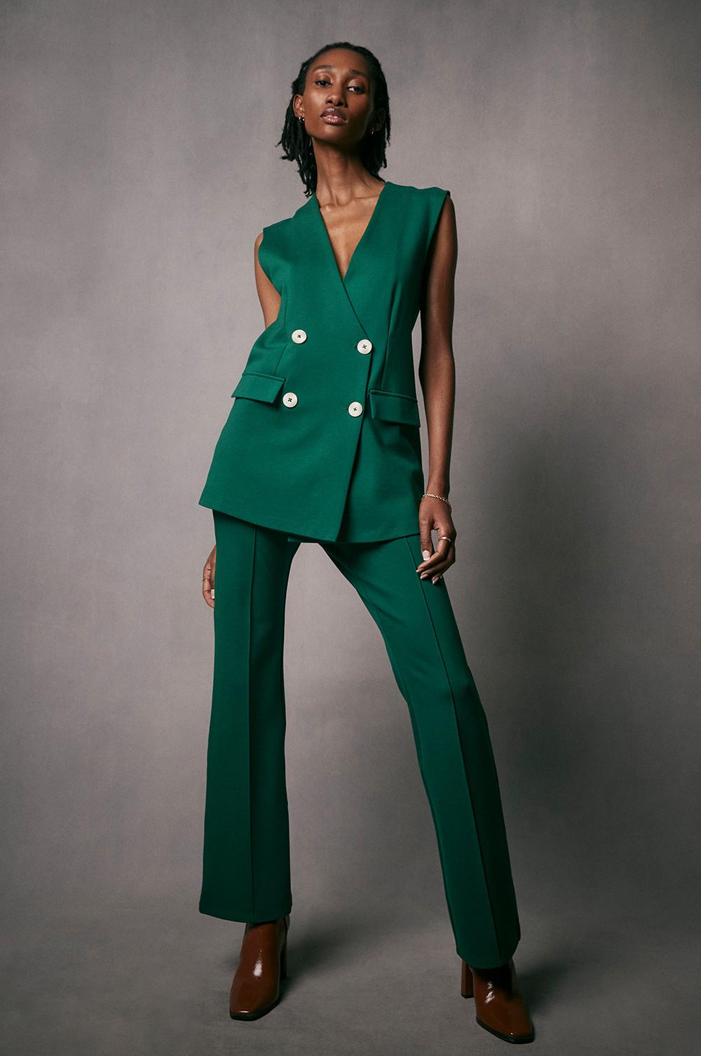 Green double breasted waistcoat suit