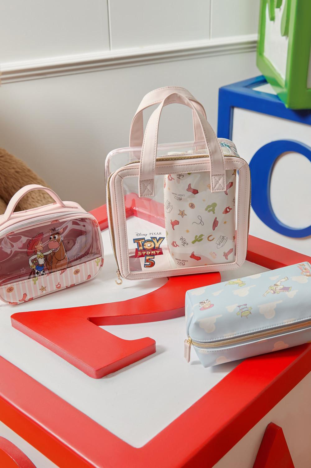 Disney Pixar Toy Story 5 transparent handbag and matching accessories displayed on colorful children's furniture.
