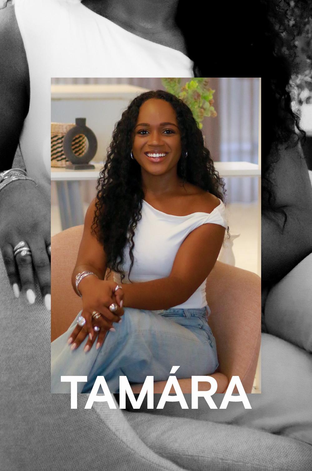 Tamára Tavares wearing grey jeans and a white off the shoulder top