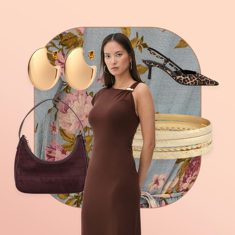 Woman wearing brown dress with fashion accessories including gold earrings, handbag, leopard print heels and bangles.