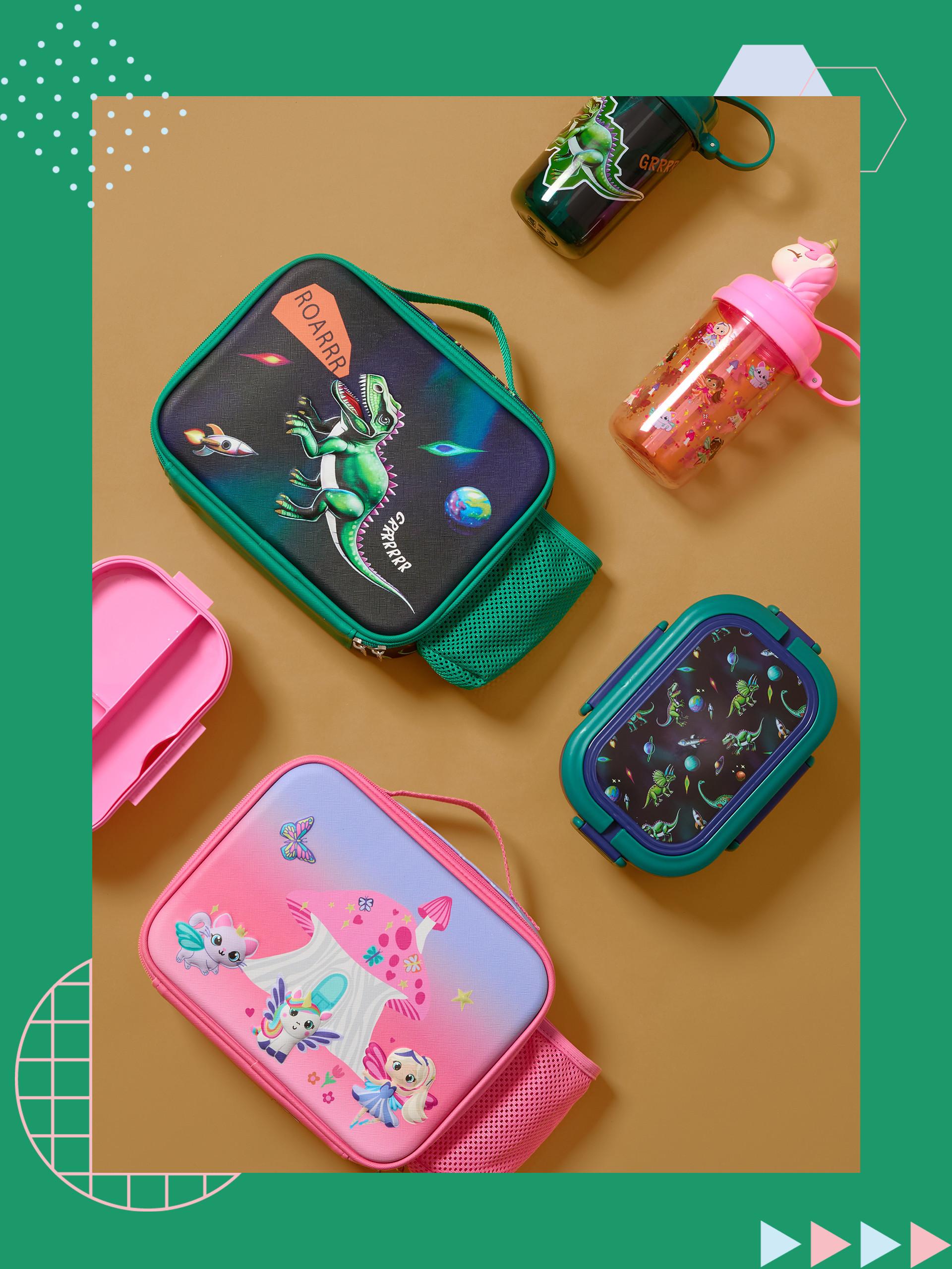 Pink and green printed lunchboxes and travel cups