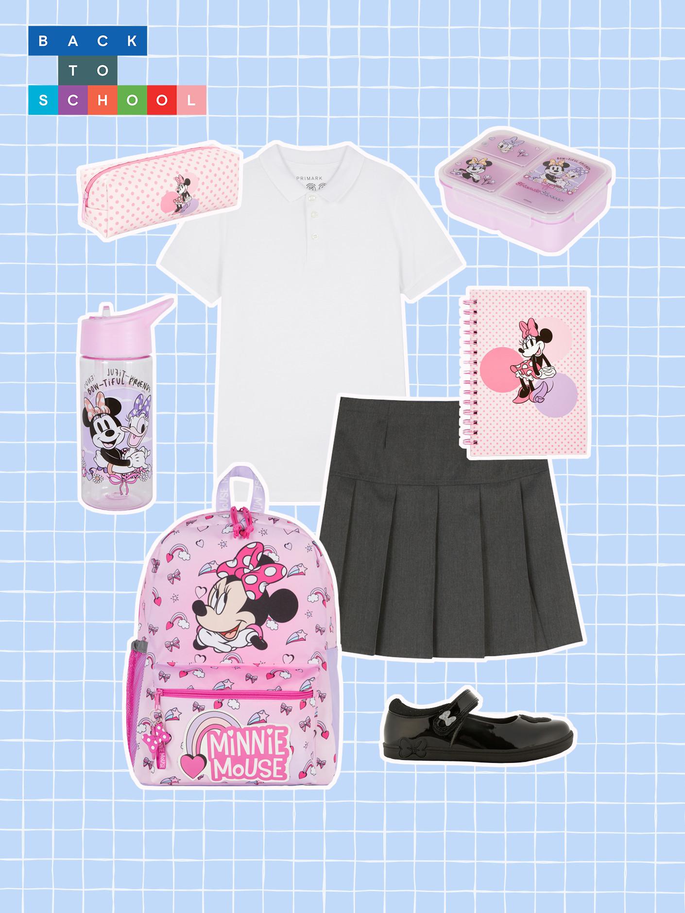 Disney Minnie Mouse school collection with uniform, backpack, water bottle, lunch box, notebook and pencil case on blue grid background.