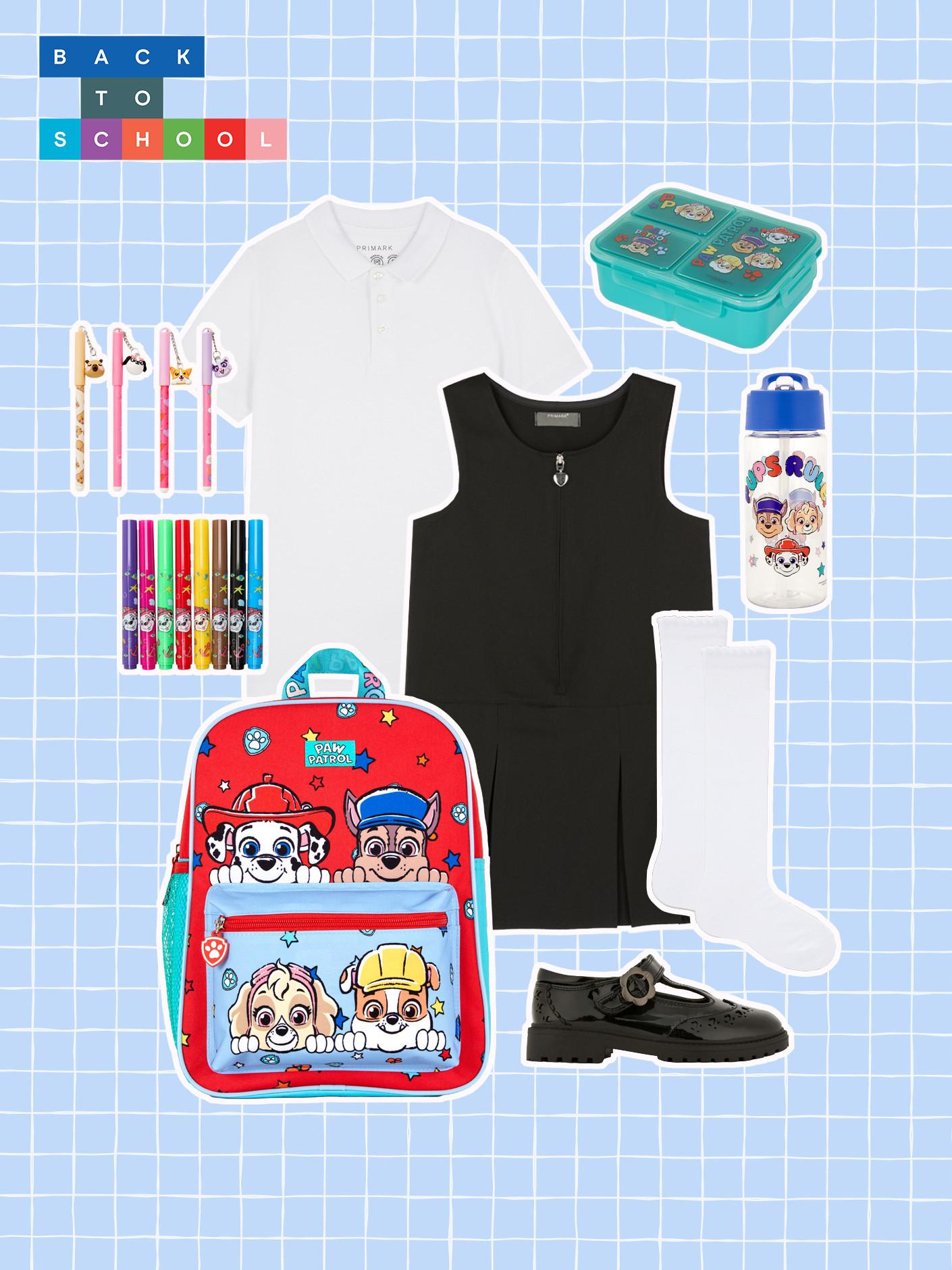 Back to school collection featuring uniform, Paw Patrol backpack, lunchbox, water bottle, stationery and black school shoes with white socks.