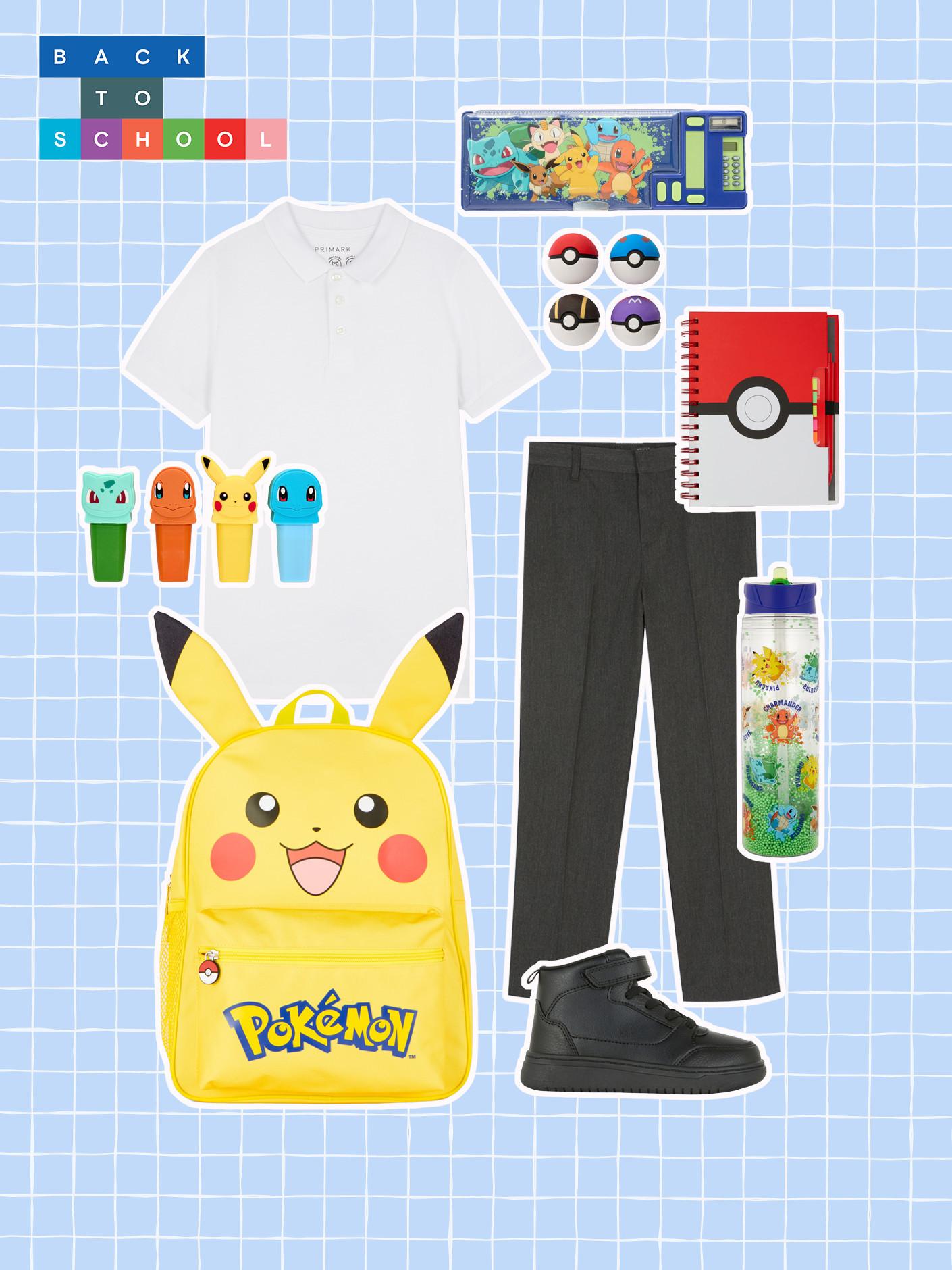 Pokemon-themed back to school collection featuring Pikachu backpack, uniform, water bottle, pencil case, and stationery items on blue grid background.