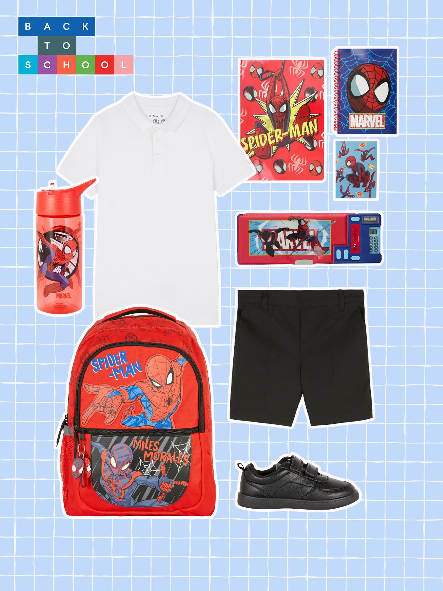 Back to school collection featuring Spider-Man backpack, water bottle, notebooks, pencil case, white polo shirt, black shorts and black shoes.