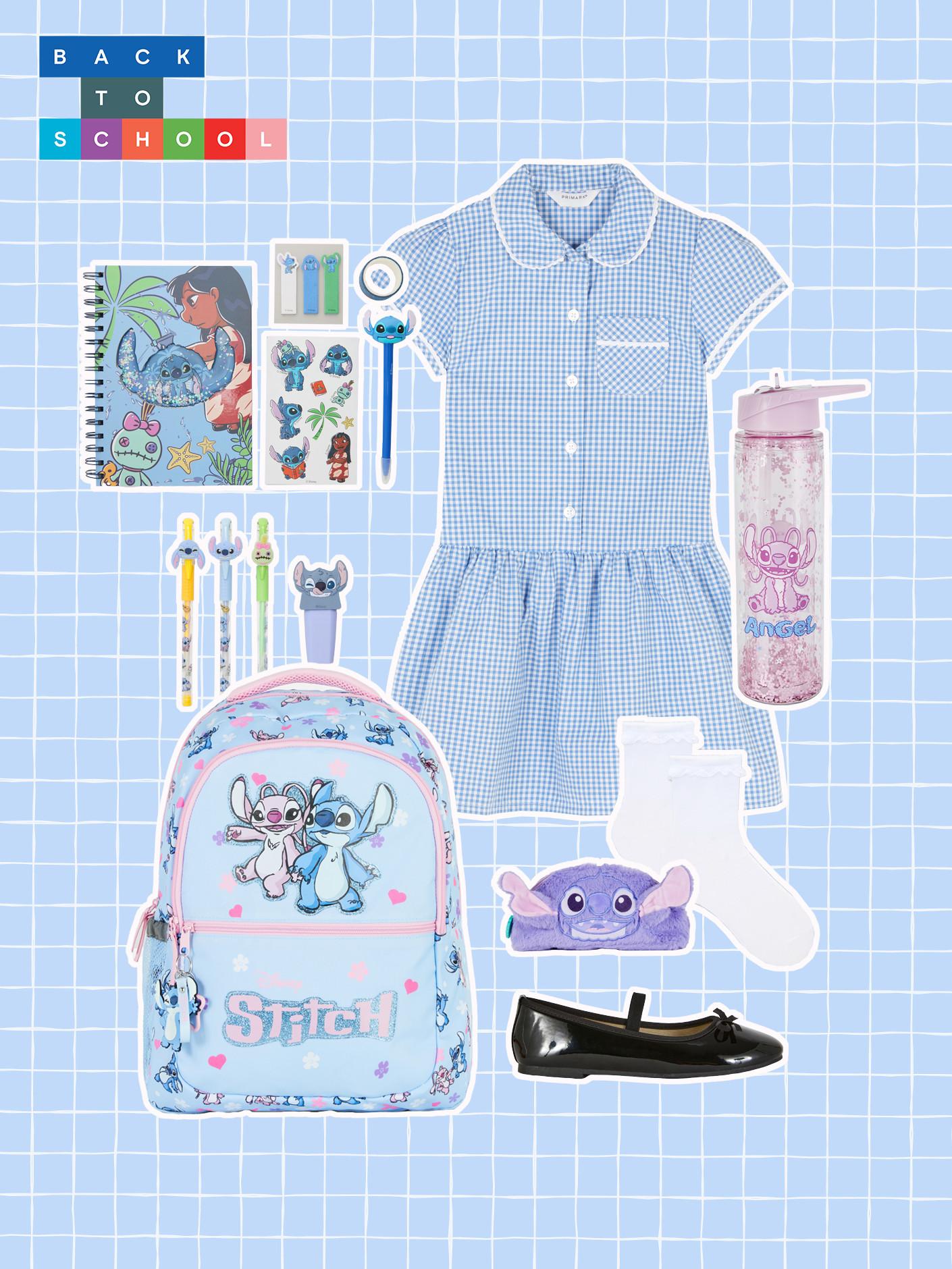Lilo & Stitch themed back-to-school collection featuring blue gingham dress, backpack, water bottle, stationery, and black ballet flats.