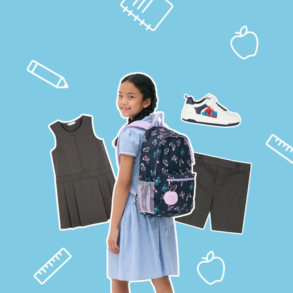 Child in blue gingham school uniform wearing butterfly-patterned backpack, with school clothing and Spider-Man shoes displayed around the image.