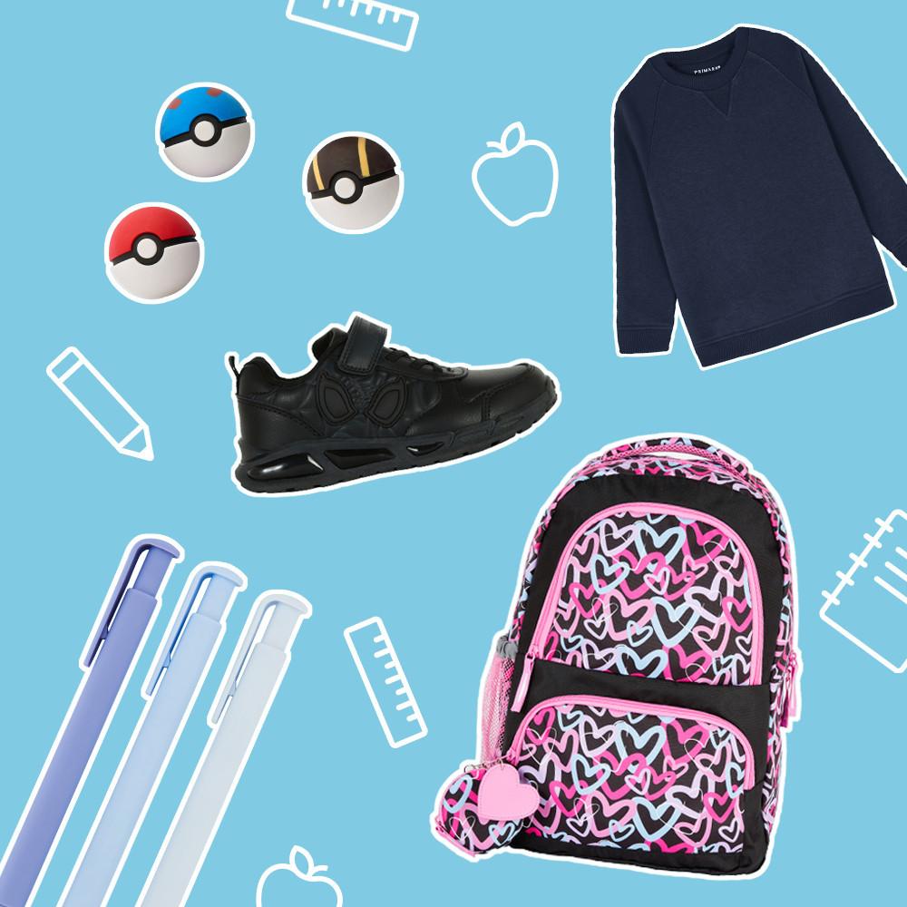 Back-to-school items including a navy sweatshirt, black athletic shoe, pink heart-patterned backpack, pens, and Pokéball designs on a blue background.