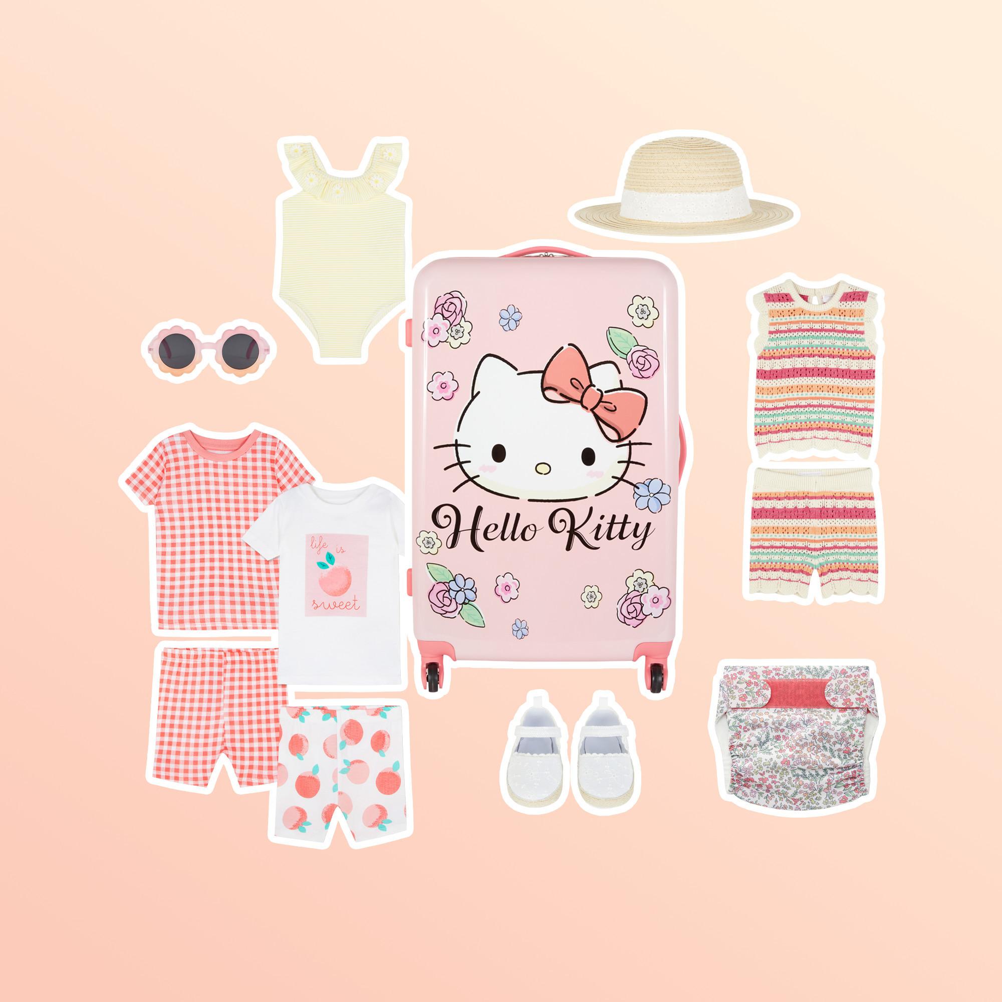 Children's summer clothing collection with Hello Kitty suitcase, straw hat, sunglasses, and various outfits including gingham sets and colourful knitted pieces.