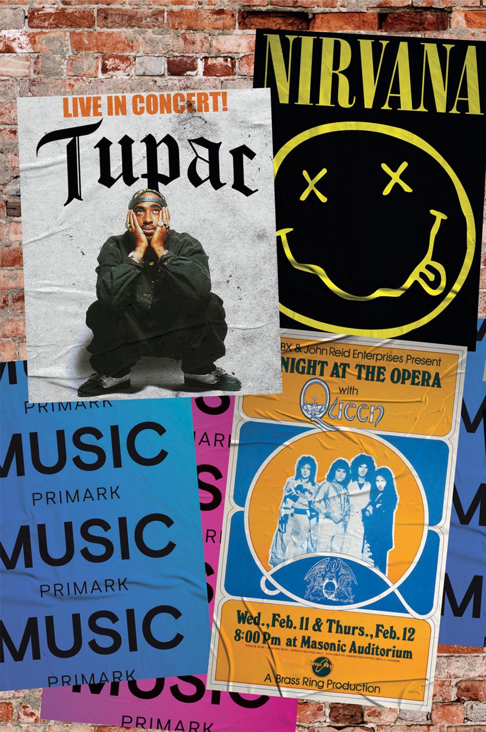 Collage of concert posters featuring Tupac, Nirvana, and Queen against a brick wall.