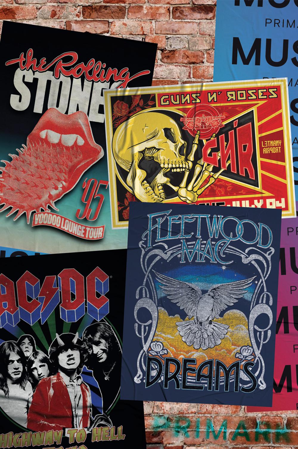 Posters of The Rolling Stones, Guns N' Roses, Fleetwood Mac, and AC/DC.