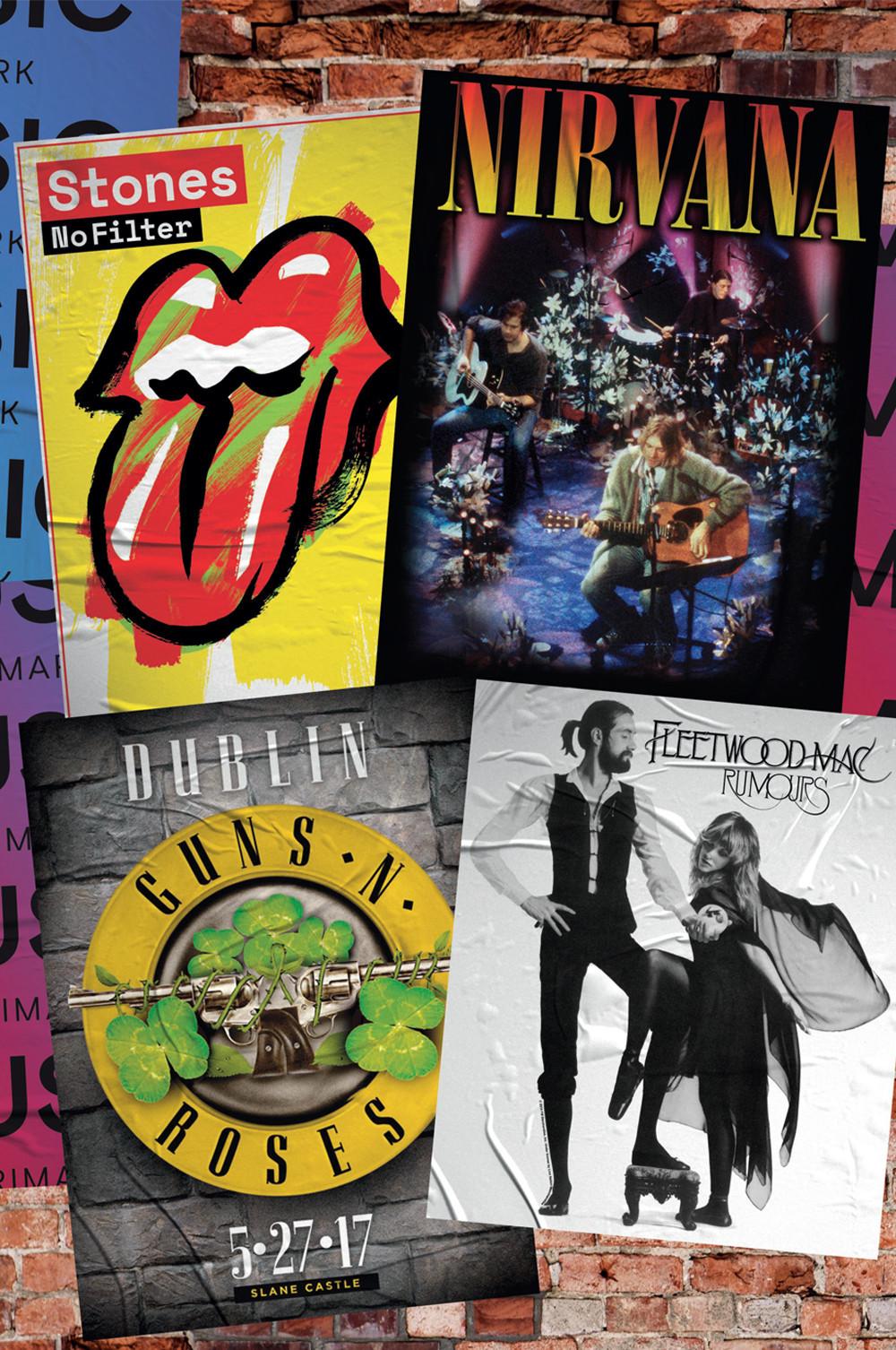 Posters of The Rolling Stones, Nirvana, Guns N' Roses, and Fleetwood Mac displayed on a brick wall.