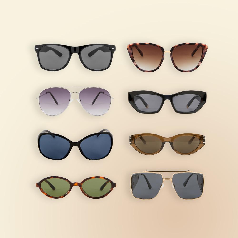 Collection of eight different sunglasses styles including wayfarer, cat-eye, aviator, and geometric frames in various colors and lens types.