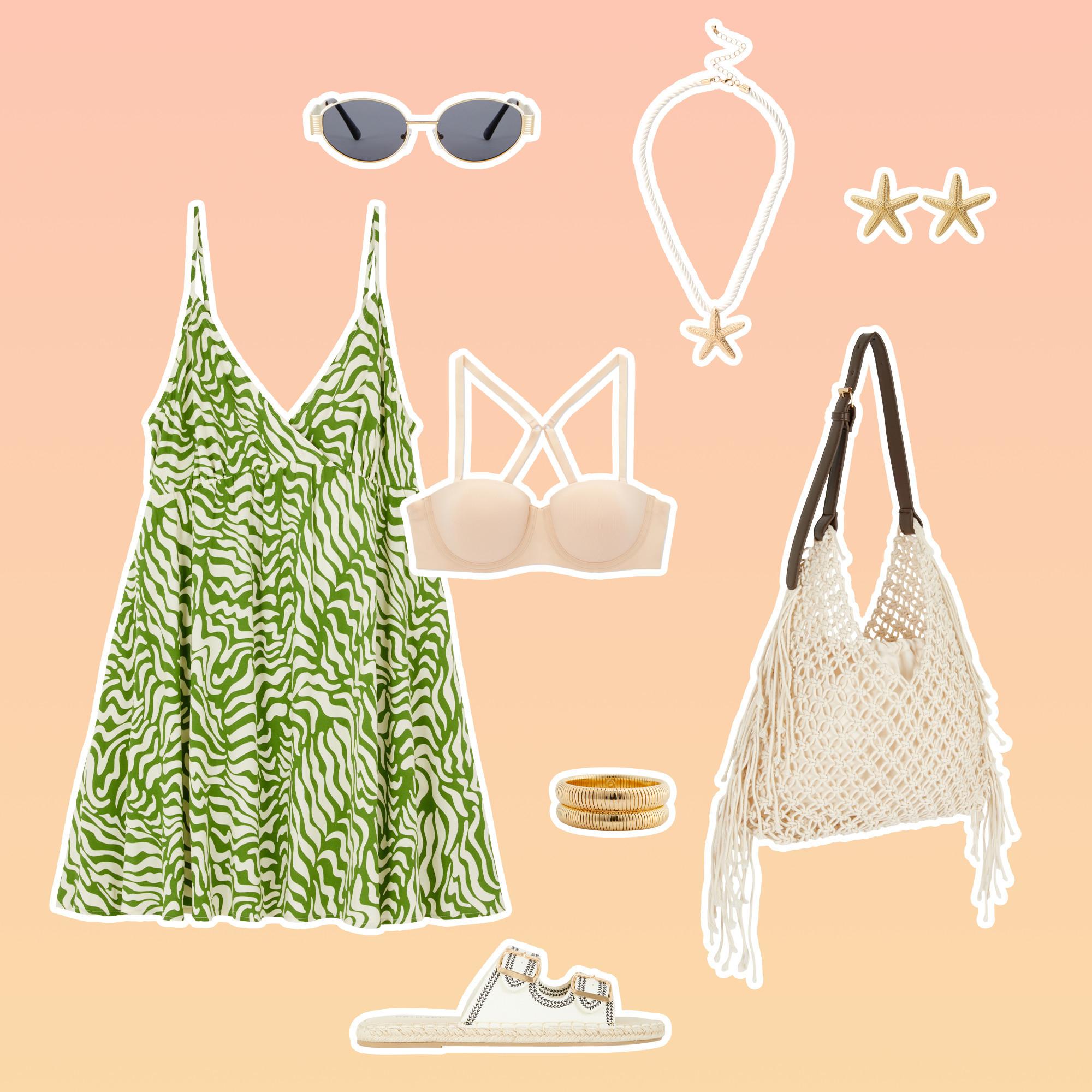 Sommer-Strandoutfit mit grün gemustertem Kleid, weißem Bikini-Oberteil, Makramee-Tasche, Seestern-Schmuck, Sonnenbrille, Sandalen und goldfarbenem Armband.