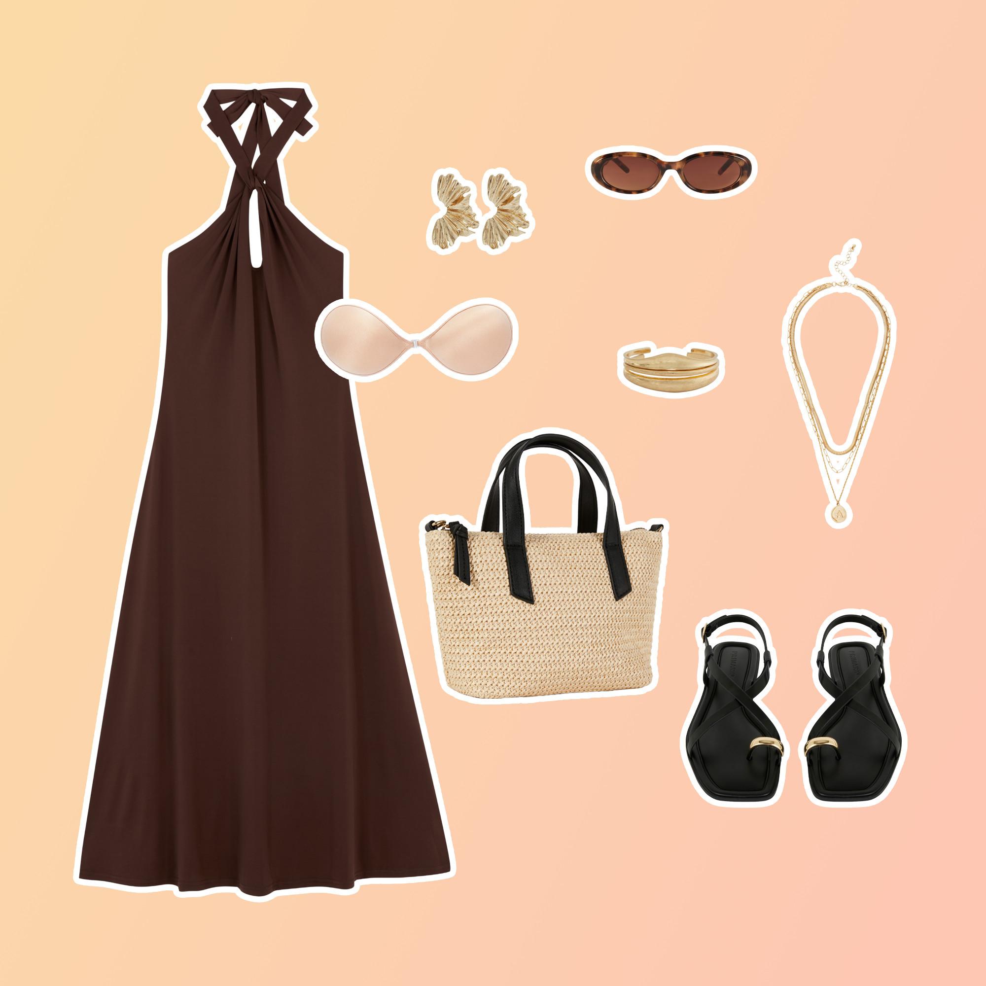 Abito con scollo all'americana marrone e accessori estivi tra cui borsa di paglia, sandali neri, occhiali da sole, gioielli dorati e orecchini a farfalla.