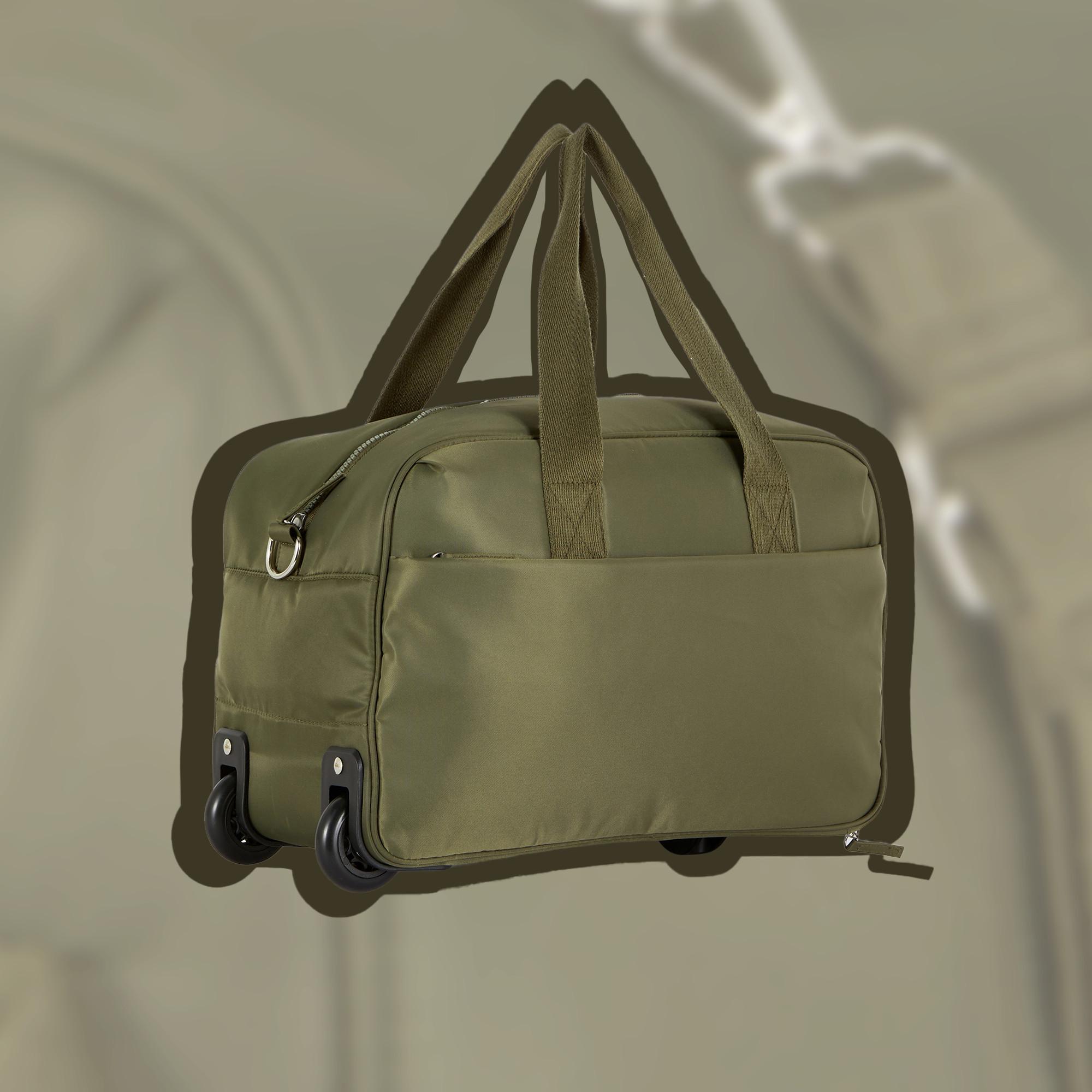 Olive green wheeled carryall with dual handles and side zip pockets.