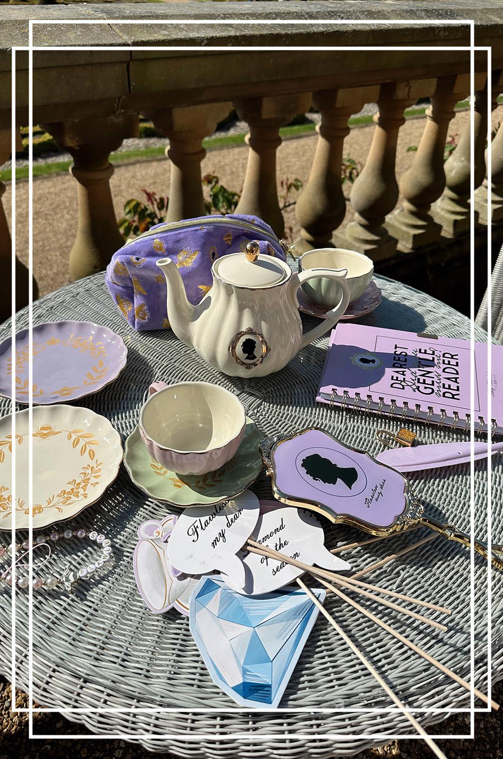 Diary, pencil case, teapot, cup and saucer