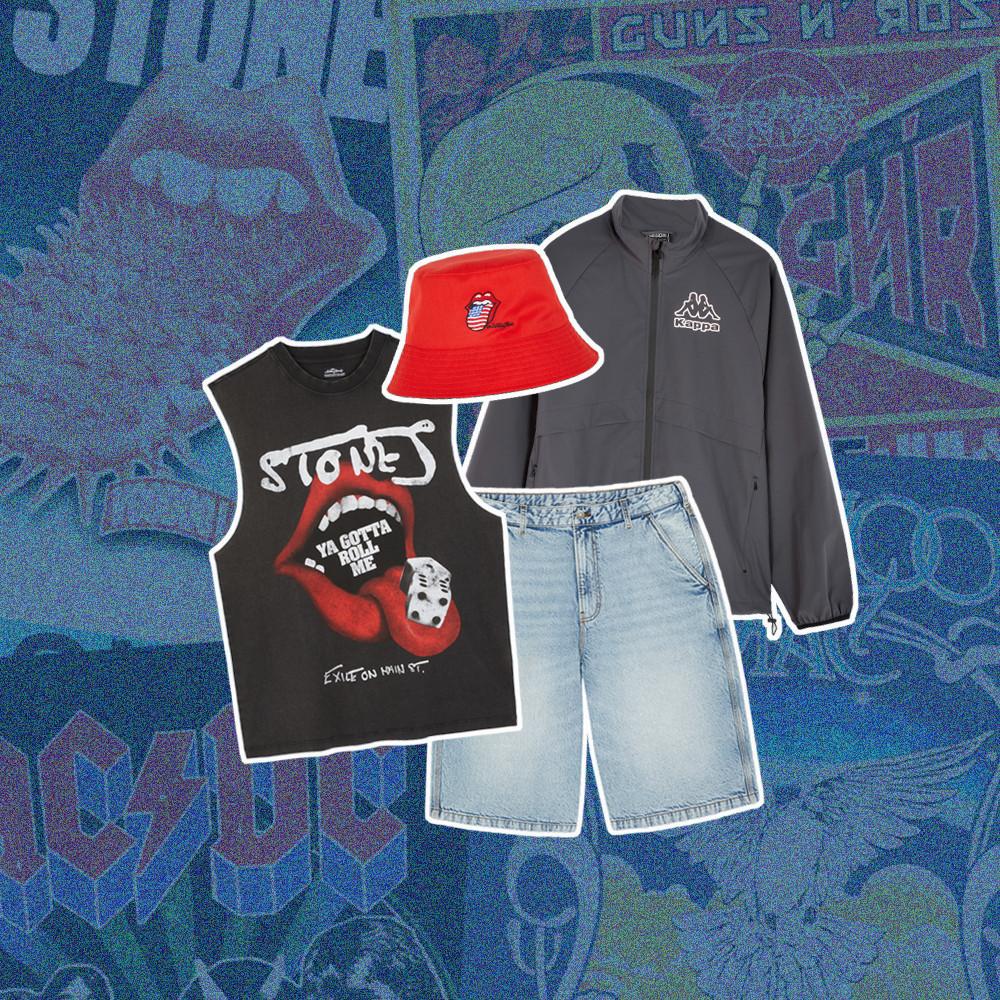 Outfit collection featuring Rolling Stones graphic tank top, red bucket hat, gray Kappa track jacket, and light wash denim shorts on a blue background.