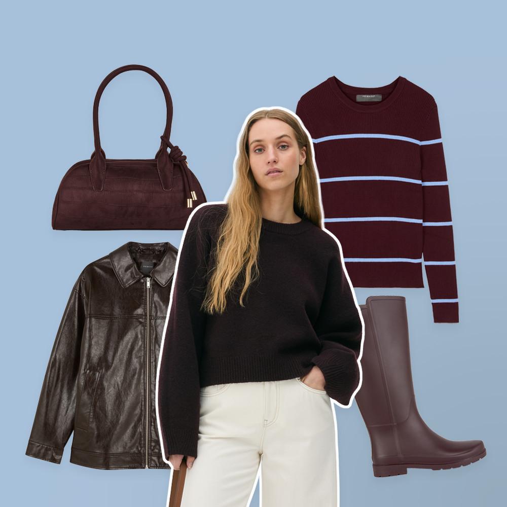 Collection mode comprenant un sac à main bordeaux, une veste en cuir, un pull noir, un pull bordeaux à rayures et des bottes bordeaux.