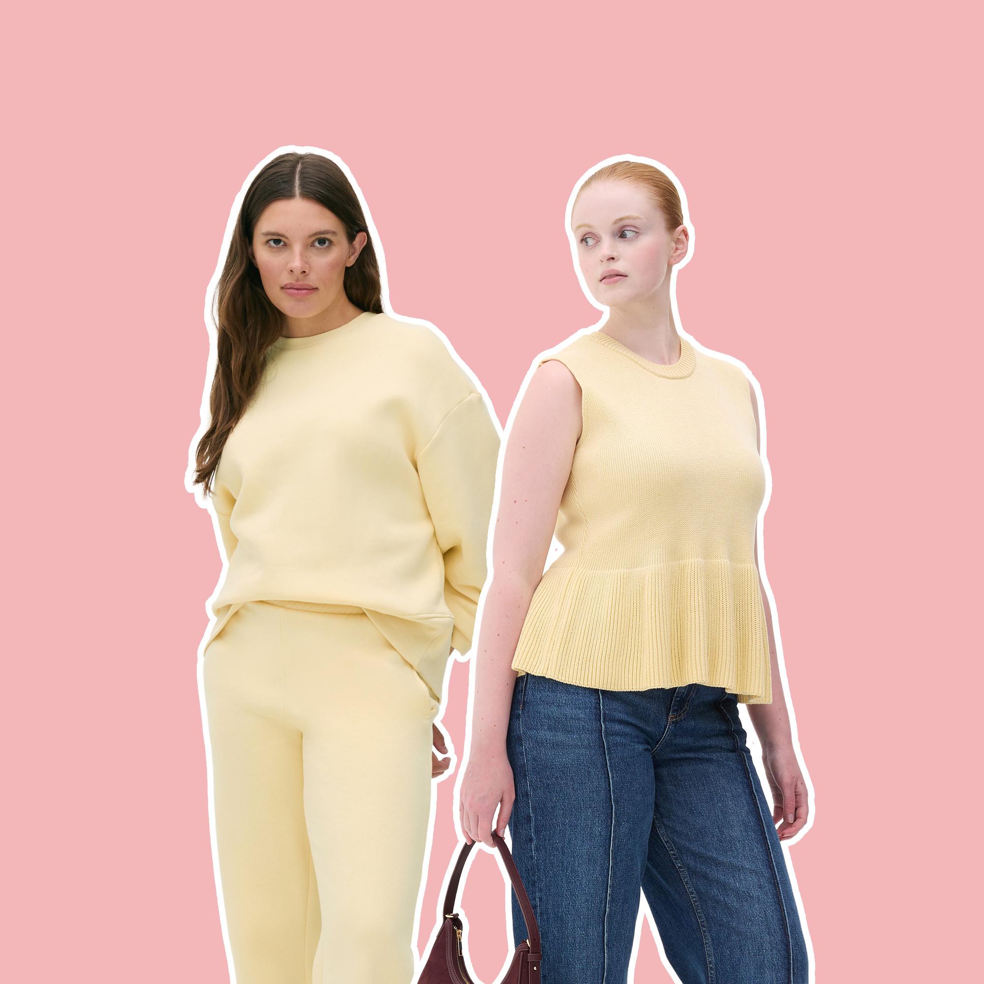 Two models wearing pale yellow knitwear - one in a matching set, the other in a peplum top with jeans.