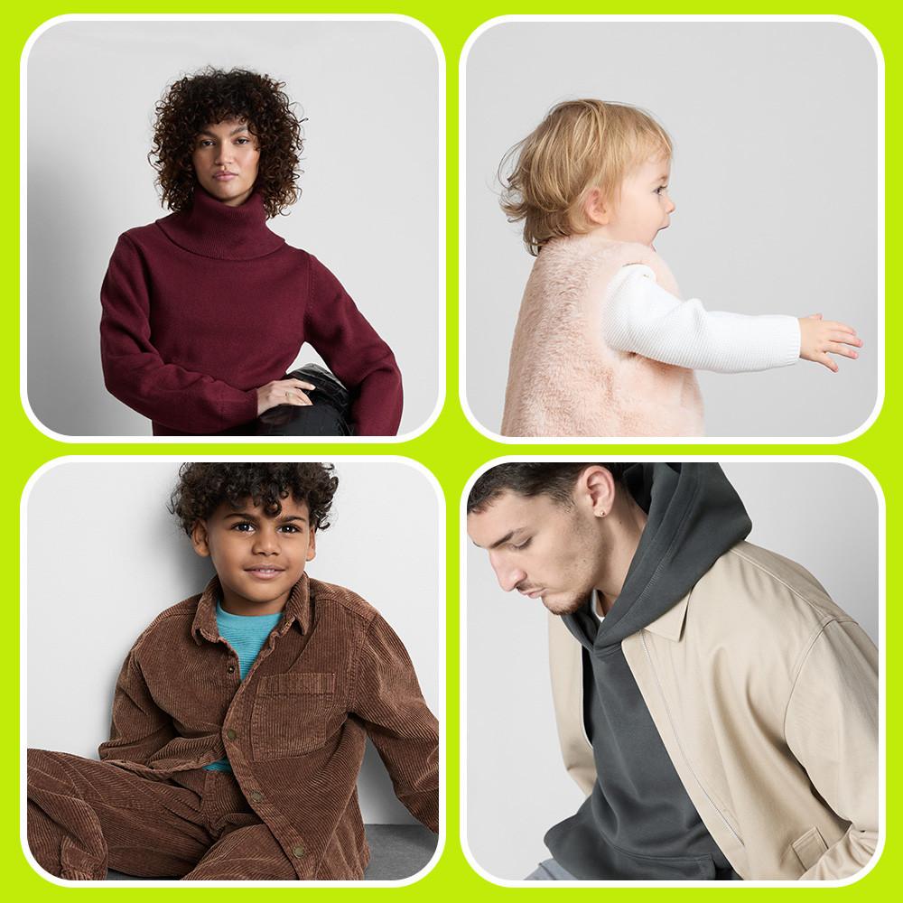 Four fashion portraits showing models in seasonal clothing including a burgundy turtleneck, pink baby vest, brown corduroy outfit and beige jacket with hoodie.