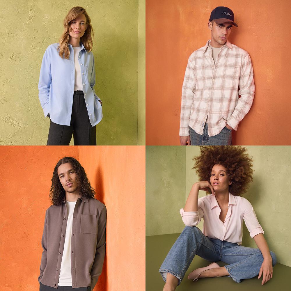 Four models displaying casual button-up shirts in different styles against orange and green textured backgrounds.