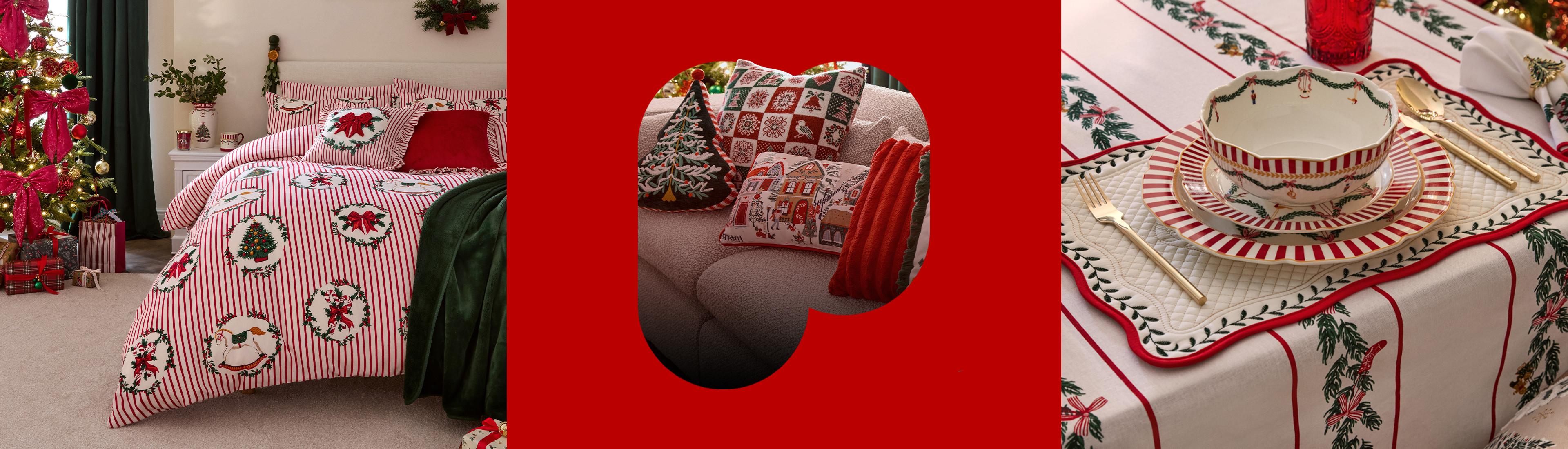 Trois articles de déco pour Noël : linge de lit à rayures avec motifs de Noël, coussins décoratifs sur un canapé et table élégante comportant de la vaisselle rouge et blanche.