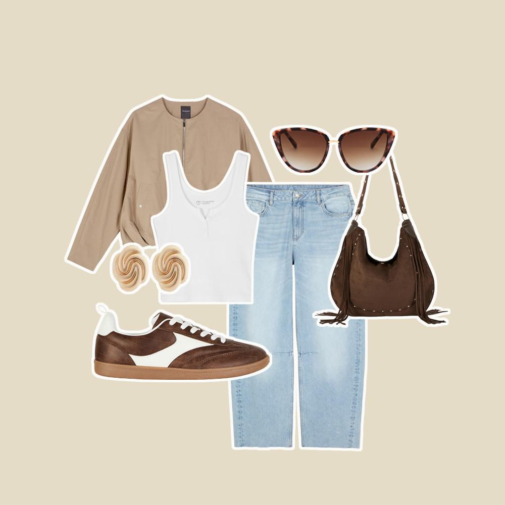 Un collage di vari outfit per una vacanza in città: jeans, borsa, occhiali da sole, giacca, gilet, orecchini e scarpe da ginnastica