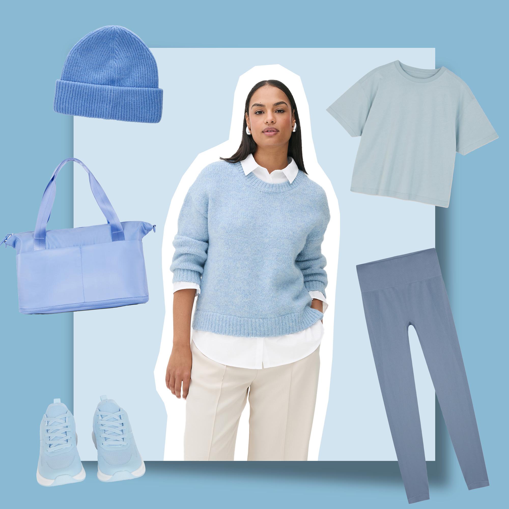 Light blue clothing and accessories: a beanie, tote bag, sneakers, sweater, T-shirt and leggings.