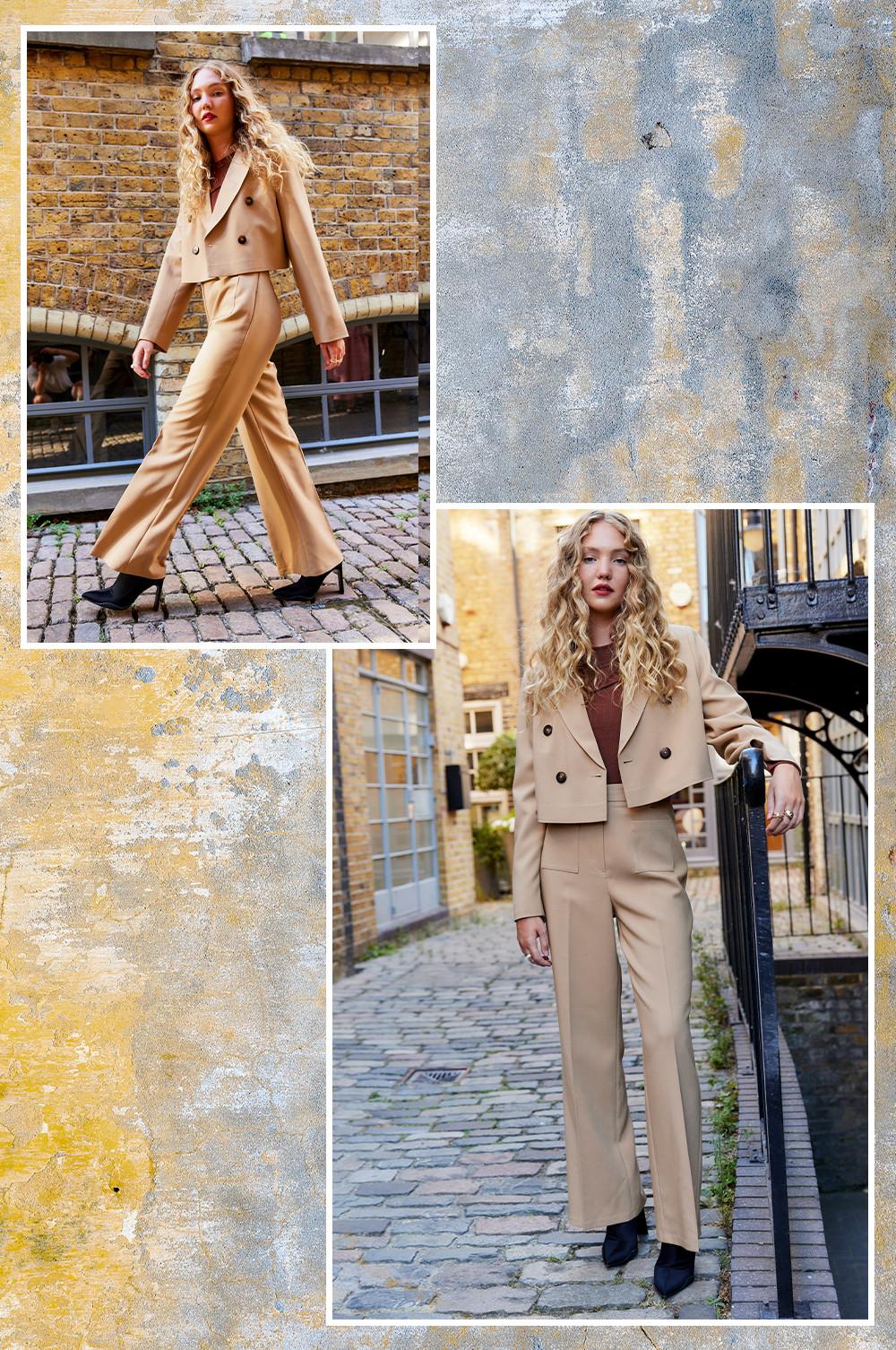Model wears camel coloured cropped suit