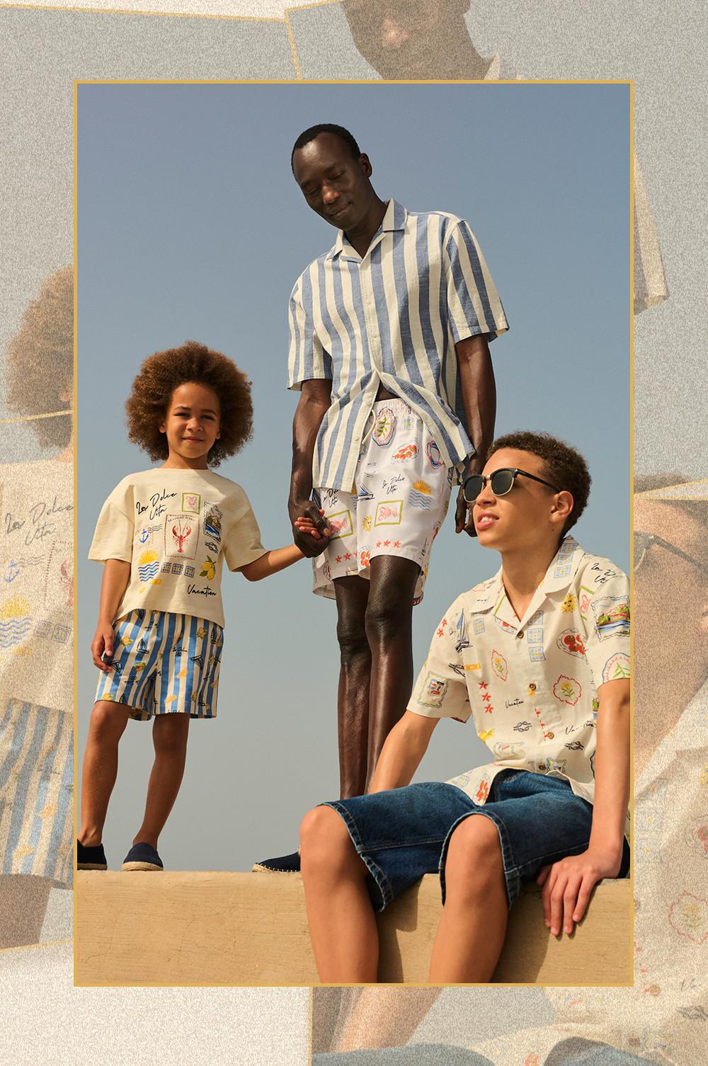Three models walking hand-in-hand at the beach wearing sunglasses and summer holiday clothing.